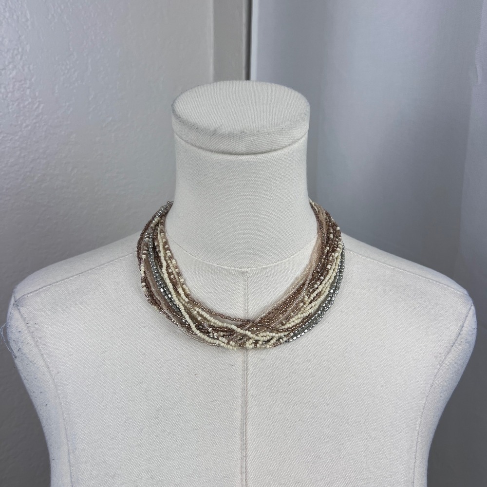 Y2K Bead Multi Strand Necklace Womens Neutral Boho Statement Hippie Festival